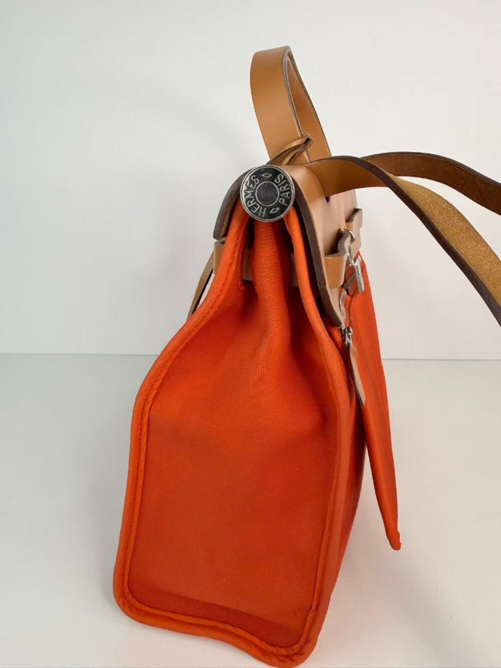 Hermès Herbag Zip 31 Orange Canvas & Natural Vache Hunter Leather Handbag - Picture 4 of 12